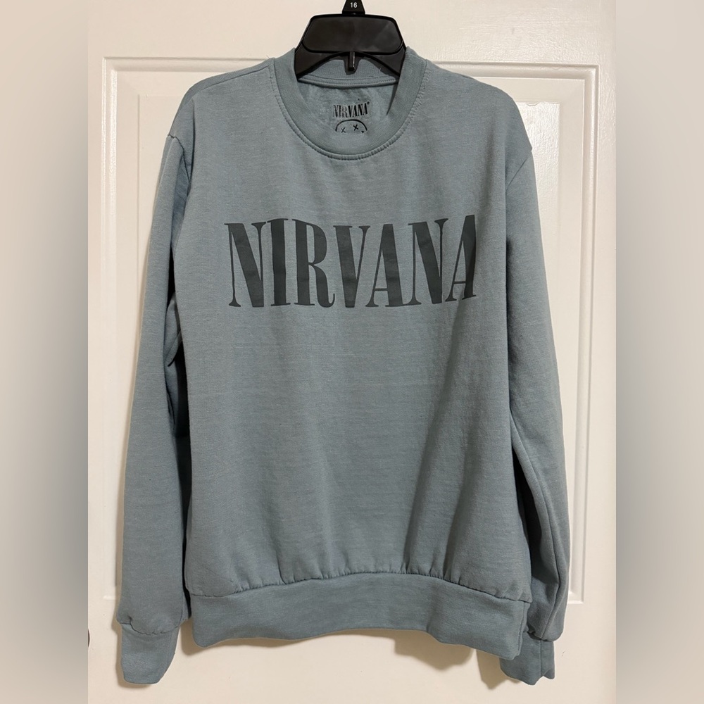 NIRVANA Men's Crewneck Sweatshirt in Dusty Blue with Black Logo